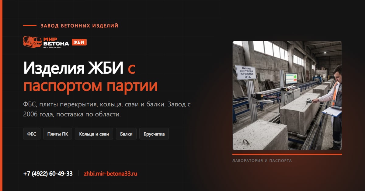 Титульная обложка сайта zhbi.mir-betona33.ru